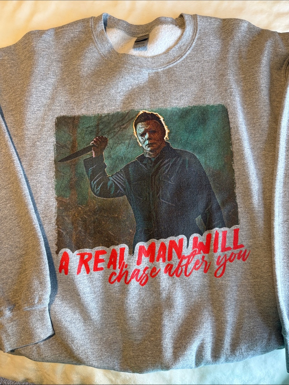Gildan Gray Crewneck Sweatshirt with Red Script Graphic